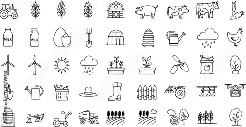 Farming  Agriculture Line Icons: Tractors, Crops, Livestock,  More - Farm Life Vector Symbols
