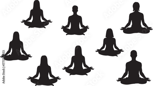 Meditation silhouettes, yoga poses, mindfulness practice, seated posture, inner peace, group relaxation, black and white illustration, spiritual calm, wellness concept, gesture, tranquil energy, 
