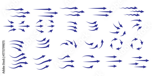 Airflow and ventilation vector set with hot and cold wind, arrows, fans, filters and stream lines. Clean transparent graphics for HVAC, purifier, conditioner or room climate control illustrations.