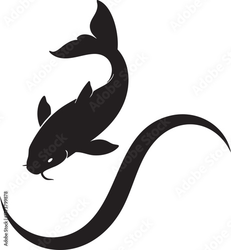 elegant koi fish silhouette swimming in wave shape, minimal japanese vector design