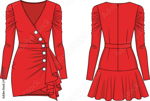 Red dress, deep V-neck, ruched sleeves, wrap style, ruffle skirt, pleated back, fashion sketch, garment design, cad drawing, flat vector illustration