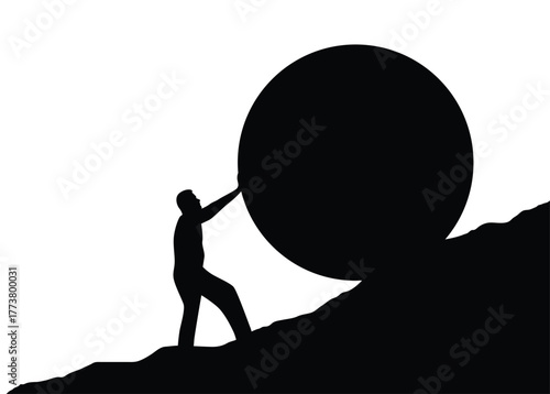 Silhouette of a Strong Man Pushing Boulder up the Hill Isolated. People and physical activity, overcoming difficulties vector art