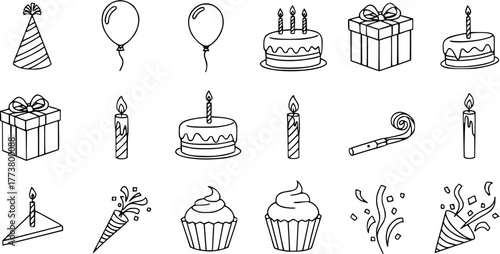 Birthday Party Clip Art: Festive Celebration Icons in Black and White Outline Style