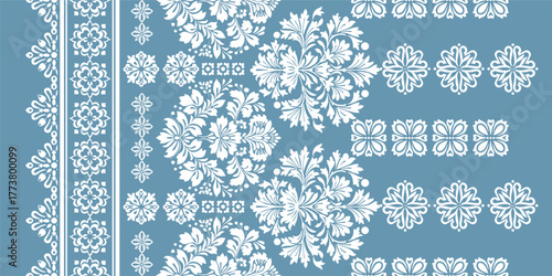 floral pattern vintage ethnic modern embroidery texture boho design vector illustration hand drawn pink flower motif branches leaves wallpaper seamless background border.	
