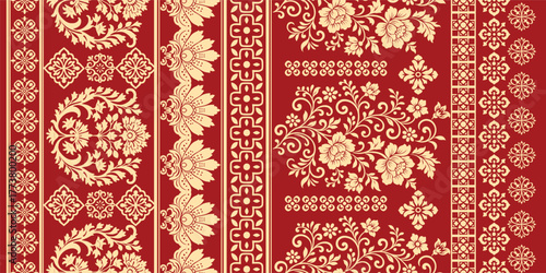 floral pattern vintage ethnic modern embroidery texture boho design vector illustration hand drawn pink flower motif branches leaves wallpaper seamless background border.	
