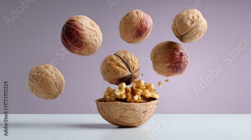 Floating walnuts above a bowl filled with popcorn, creating a whimsical and playful scene, showcasing the contrast between textures and colors in a creative food composition
