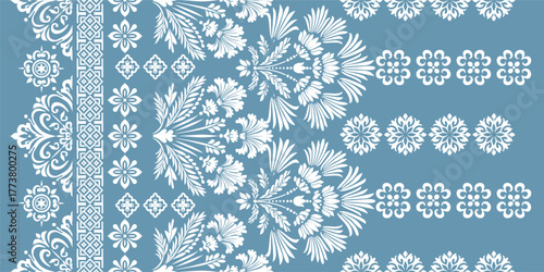 floral pattern vintage ethnic modern embroidery texture boho design vector illustration hand drawn pink flower motif branches leaves wallpaper seamless background border.	
