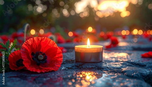 Remembrance Day: Lit Candle and Poppy Flowers on a War Memorial. Symbol of Sacrifice, Peace, and Commemoration of Veterans