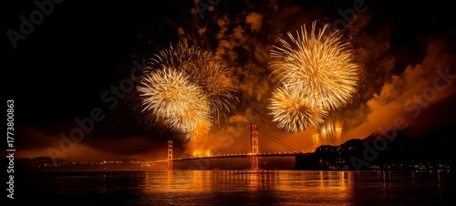 Fireworks Above Golden Gate Bridge at Night, Reflections on San Francisco Bay, Warm Golden Tones, Clean Elegant Composition, New Year Celebration with Cinematic Commercial Lighting