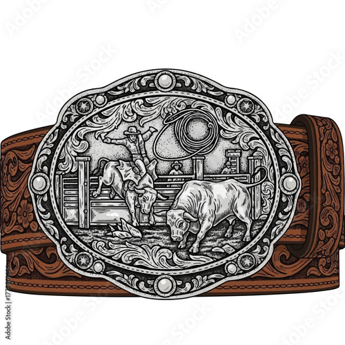 a decorative belt featuring detailed leather carvings and shining silver buckle