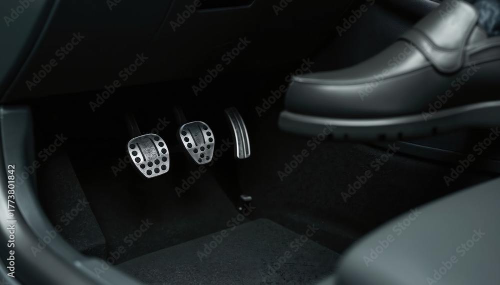 Obraz premium Man wears shoe pressing gas pedal inside car. Close-up view of driver foot operating accelerator and clutch. Controlling automobile speed with foot pedals.