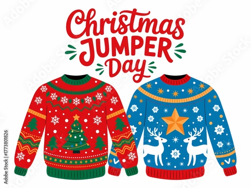 Festive christmas jumper day illustration featuring two colorful patterned holiday sweaters
