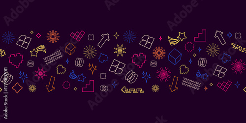 Seamless neon geometric pattern with colorful retro line icons arrows, hearts, cubes, spirals, stars, and pixel shapes for digital design, retro branding, web backgrounds, party invitations.Vector