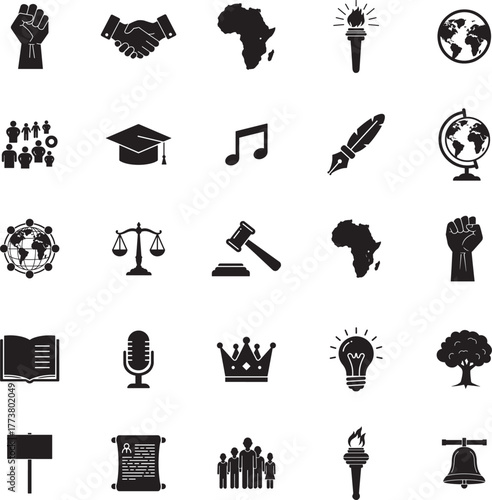 Black History Silhouette icon collection. Includes Silhouette symbols history, freedom, justice, equality, protest, culture and more. Isolated icons. Black History icon set. 