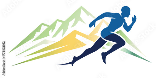 Dynamic Mountain Runner Silhouette in Colorful Geometric Landscape for Sports and Adventure Visuals Stock Images