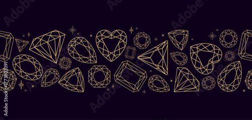 Luxury Gem and Diamond Vector Border in Line Art Style. Seamless gemstone and crystal border pattern for use in luxury branding, packaging, jewelry design, fashion prints, decorative digital projects