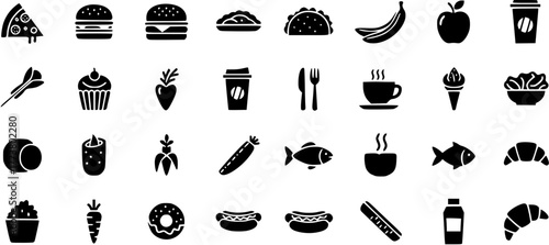 Vector Food and Drink Icons Set with Fast Food, Fruits, Vegetables, and Kitchen Utensils