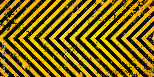Warning sign with yellow and black diagonal lines. Attention, danger or caution symbol. Construction site signage, road safety notice, hazard banner, security alert shield. Vector illustration