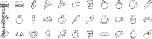 Hand-drawn food and drink line art icons set. Outline doodle collection of fast food, fruits, vegetables, baked goods, and beverages for menu or grocery.