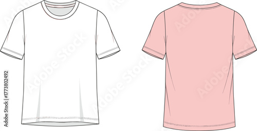 Basic short sleeve crew neck t-shirt front and back view, minimal design, casual wear, garment sketch, cad drawing flat vector illustration