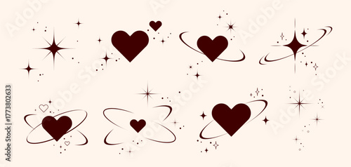 Love Icons with Orbiting Hearts and Stars in Retro Style logo set . Hearts hearts, sparkles, celestial star elements for digital design, stickers, social media, greeting cards, Valentines Day. Vector