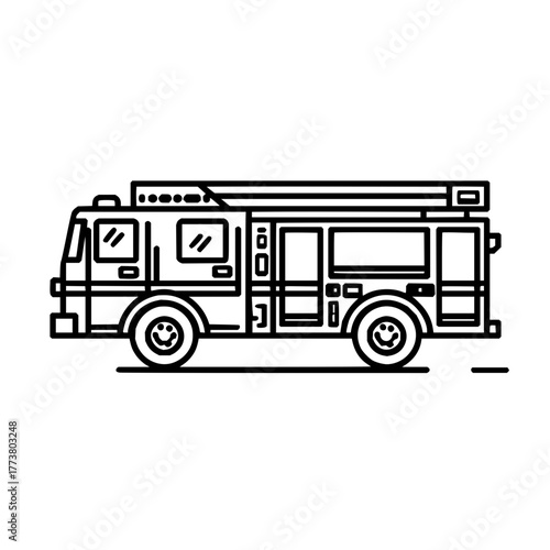 Outline drawing of a fire truck emergency vehicle for fire safety and rescue services vector illustration