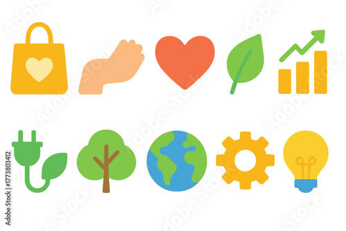 Eco-friendly flat icon set. Sustainability, nature, and renewable energy icons
