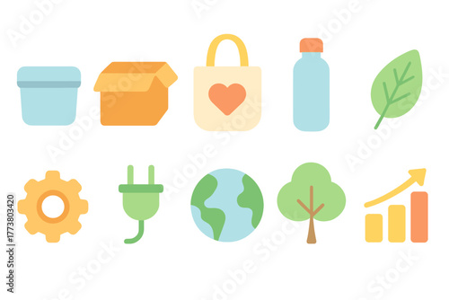 Eco-friendly lifestyle flat icon set. Sustainability, nature, recycling flat icons collection