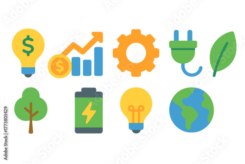 Eco-friendly energy flat icon set. Renewable, sustainability, green icons collection