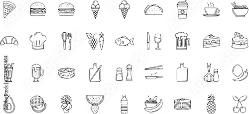 Food, Drink, and Kitchen Utensils Outline Icons Set - A Collection of Line Art Symbols for Restaurant, Bakery, and Cooking-related Designs