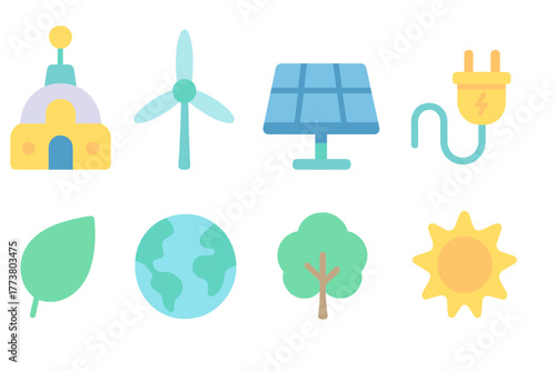 Renewable energy flat icon set. Solar, wind, eco-friendly symbols collection.