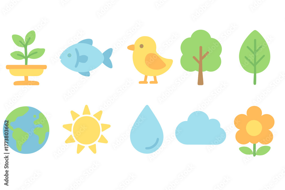 Fototapeta premium Nature, ecology flat icon set. Environment, sustainability, green energy symbols flat collection