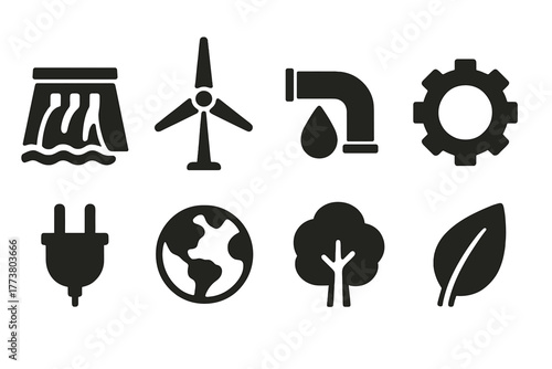 Eco energy silhouette icon set. Sustainable power and environment symbol collection