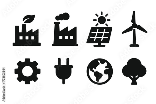 Renewable energy, sustainability silhouette icon set. Eco-friendly power symbols collection