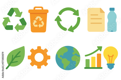 Eco-friendly recycling icon set. Green, sustainability icons in flat design.