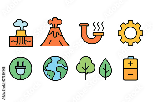 Nature and energy icon set. Renewable resources and environmental outline icons