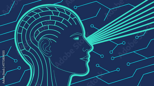 Human Mind Connected with Digital Code Stream — AI and Technology Vector Illustration