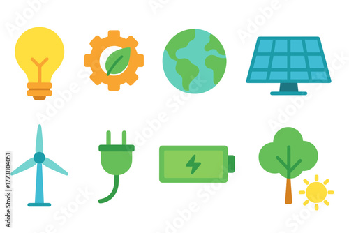 Sustainable energy flat icon set. Green power and renewable resources icons collection