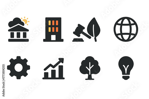 Business and environment solid icon set. Corporate, nature, sustainability, growth icons.