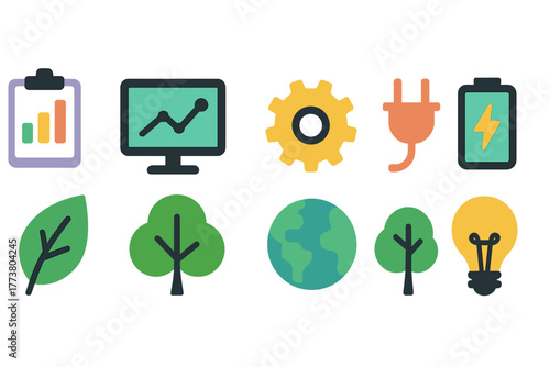 Eco-friendly energy and technology flat icon set. Sustainable lifestyle symbols