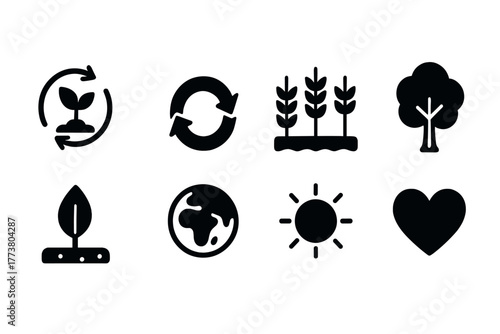 Environment, nature solid icon set. Sustainability, ecology symbols collection