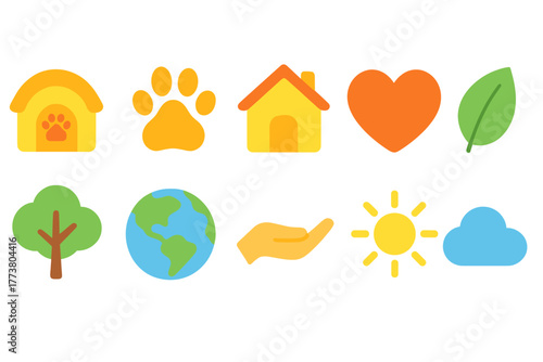 Nature and pet care flat icon set. Environment and animal care icons collection