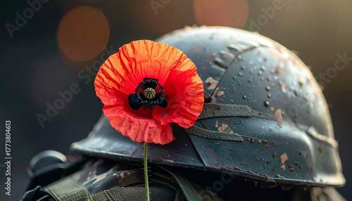 Red Poppy Flower on a Military Helmet. Symbol of Sacrifice and Honoring Fallen Soldiers on Remembrance Day. Veteran's Tribute