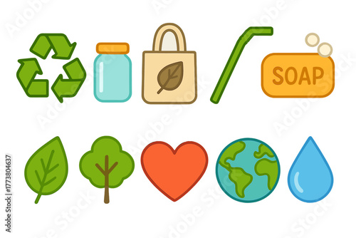 Eco-friendly, sustainability flat icon set. Environment, green living icons collection