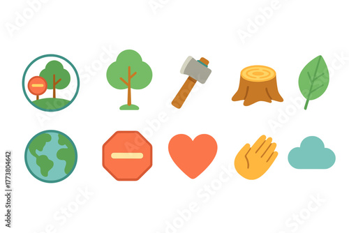 Nature and environment flat icon set: forest, tree, recycle, eco-friendly symbols