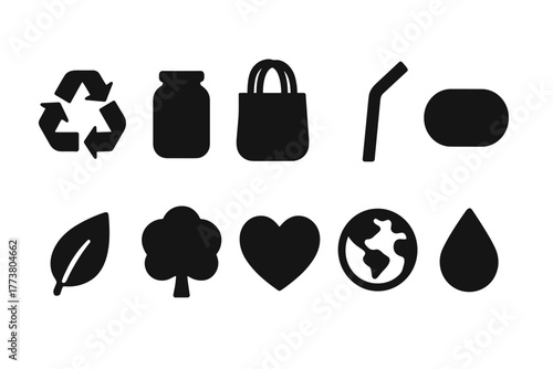 Environmental sustainability solid icon set for eco-friendly lifestyle and green practices
