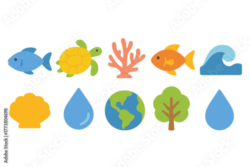 Nature and marine flat icon set. Environment, ecosystem, conservation flat icons