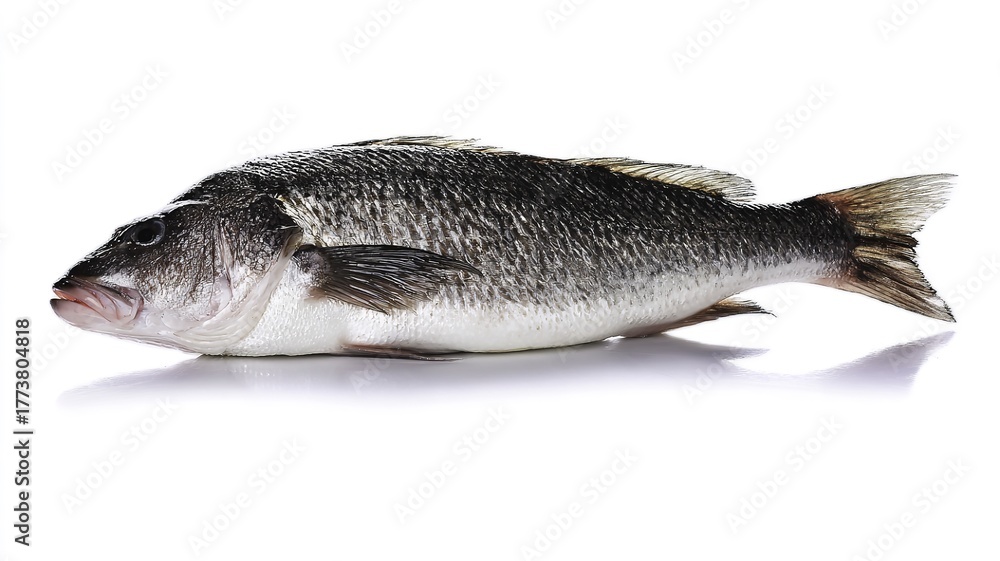 Obraz premium seabass. A fresh sea bass displayed on a white background, showcasing detailed scales and fins under studio lighting. menu design.