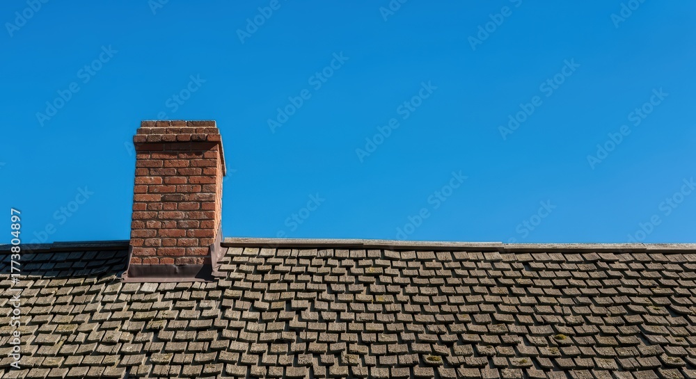 Naklejka premium Brick chimney on slate roof against clear blue sky