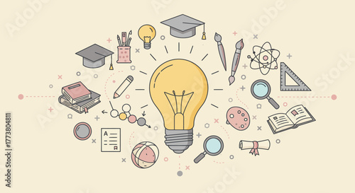 Ignite imagination with this visually striking illustration featuring education and innovation symbols. Perfect for projects needing a burst of inspiration and a touch of creative flair.
